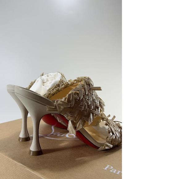 Meroine 85mm raffia Tan Woven fringe heels mules D983 - Picture 3 of 11